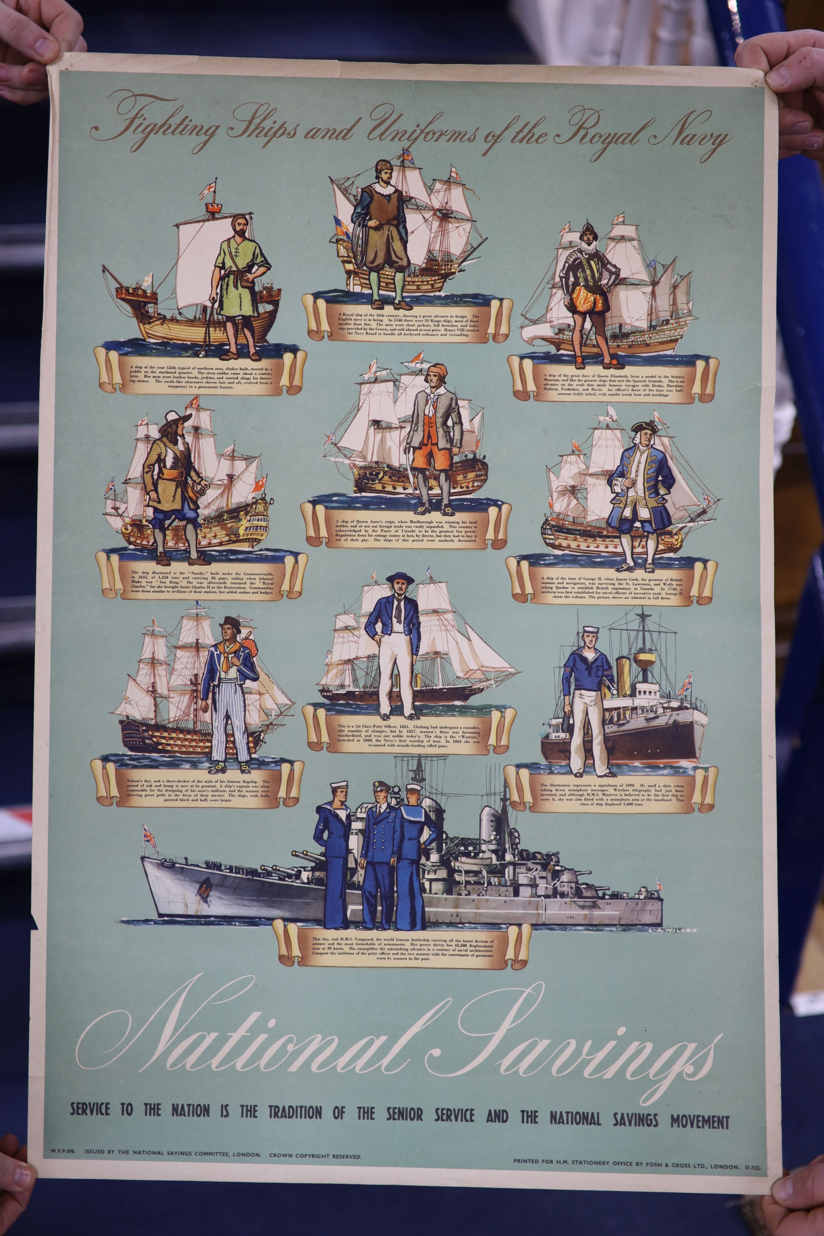 Three National Savings posters, History of British Railways, Uniforms of British Army, Fighting Ships and Uniforms of Royal Navy, all 1948